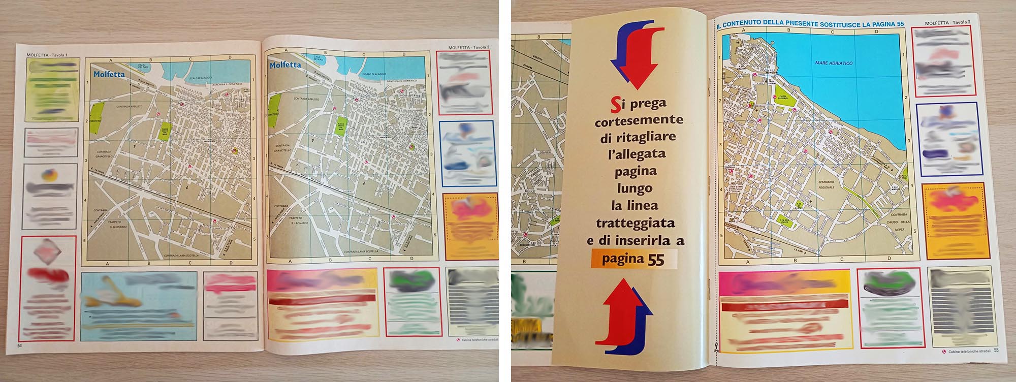 A sinistra, la cartografia di Molfetta con la tavola 1 duplicata; a destra, l'allegato con la pagina corretta